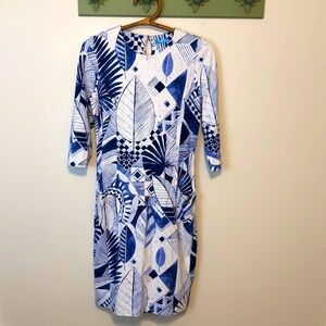 J. McLaughlin Blue Leaf Print Catalyst Dress with Pockets Size Small